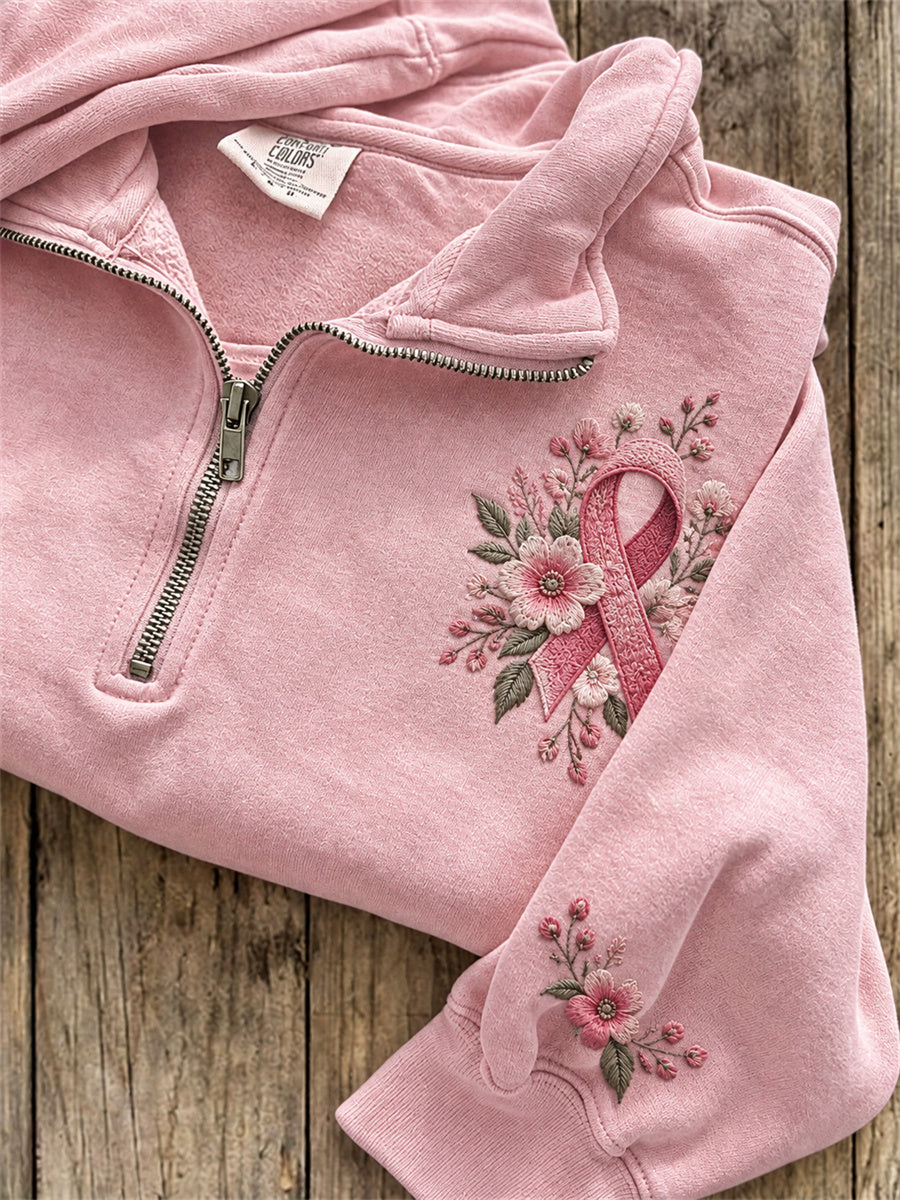 Naisten vaaleanpunainen nauha Floral Print Zip up Sweatshirt