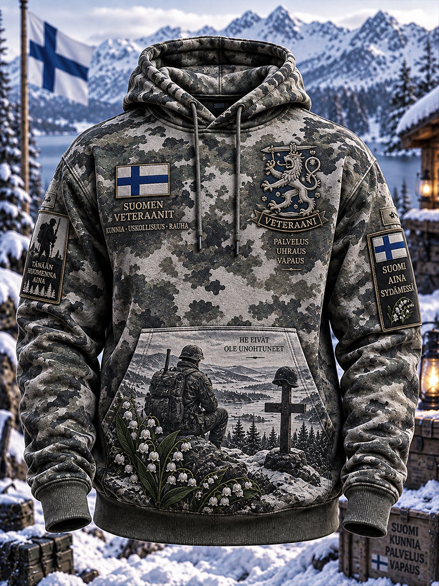Miesten veteraanimuistoa kunnioittava graafinen printtipaita hupulla