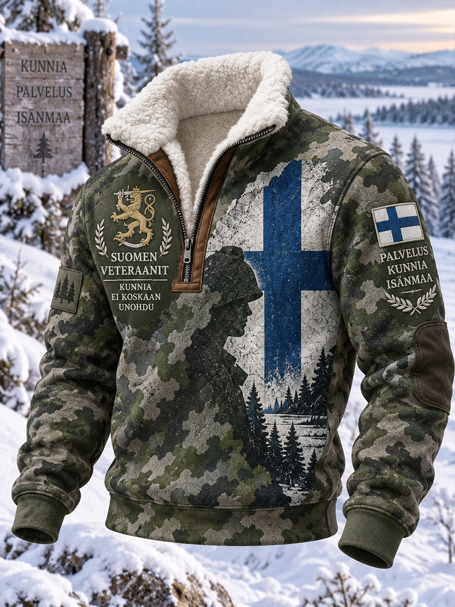 Miesten veteraanimuistoa kunnioittava graafinen printti, mock-kauluksinen pitkähihainen collegepaita