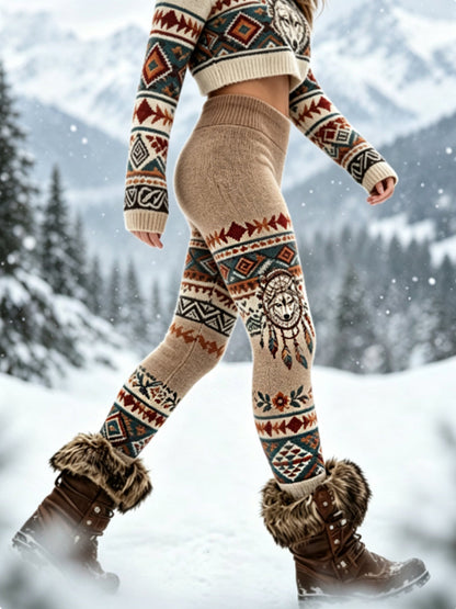 Naisten Vintage Viking Wolf Head Aztec paksu sametti Leggings