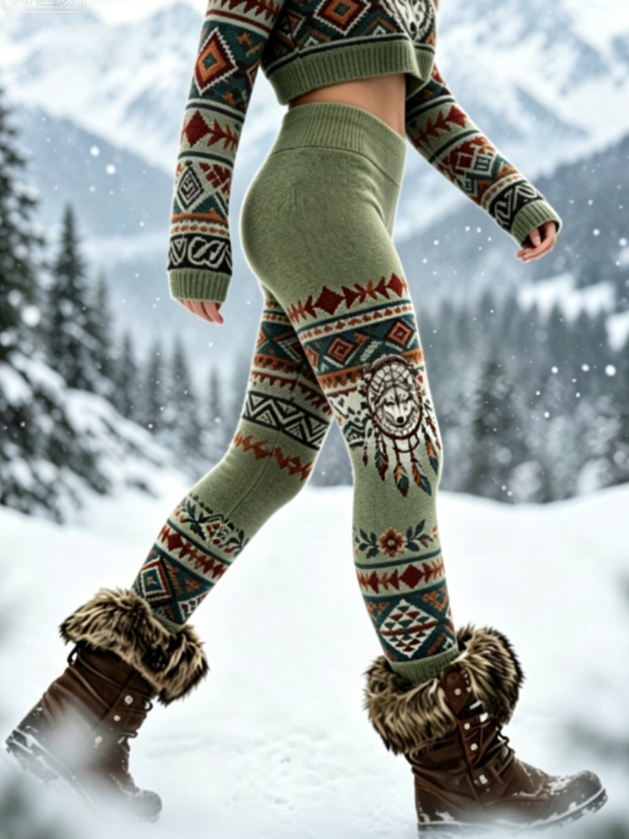 Naisten Vintage Viking Wolf Head Aztec paksu sametti Leggings