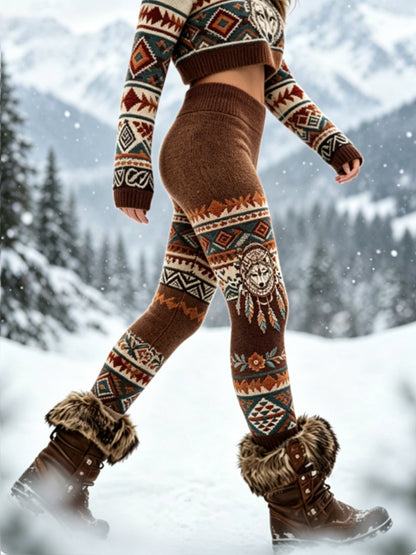 Naisten Vintage Viking Wolf Head Aztec paksu sametti Leggings