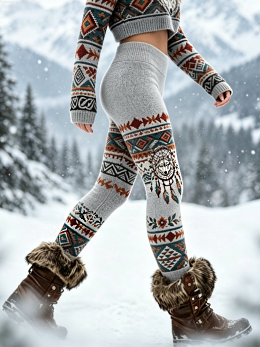 Naisten Vintage Viking Wolf Head Aztec paksu sametti Leggings