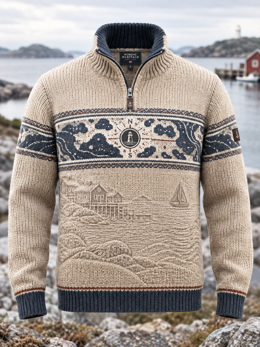Retro skandinaaviseen rannikkotyyliin inspiroitunut klassinen vetoketjullinen collegepaita
