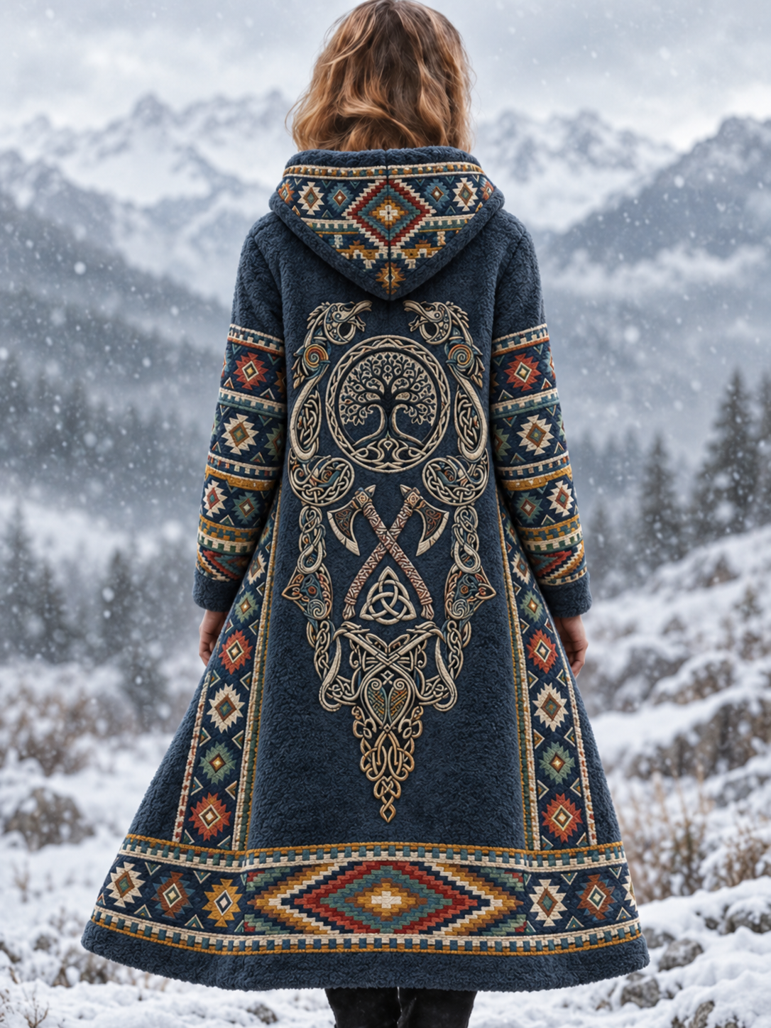 Naisten Viking Wolf Head Aztec paksu flanelli takki