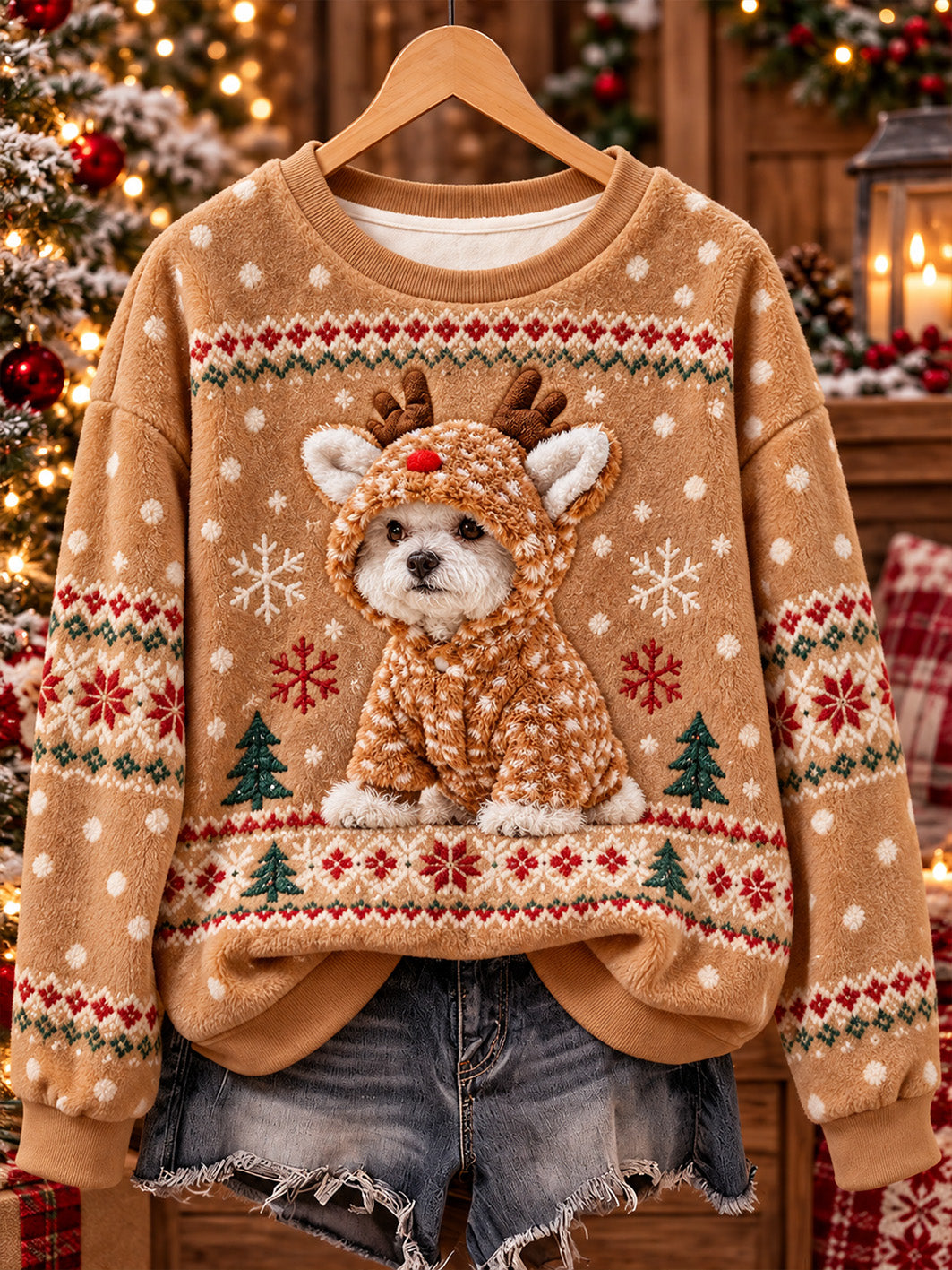 Naisten joulu koira kuvio Casual Flannel Sweatshirt