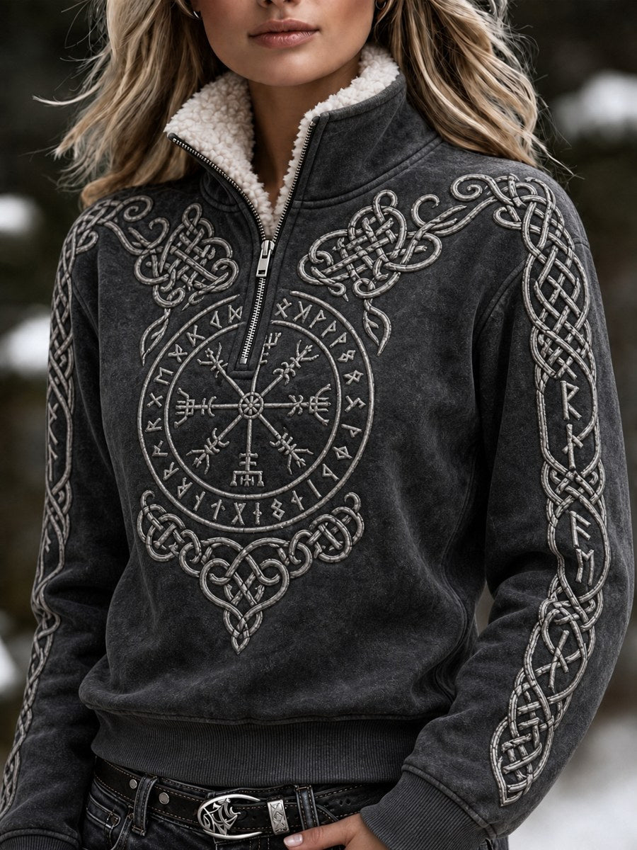 Naisten Vintage Viking Vegvisir Celtic solmu Tulosta Kodikas karvakaulus Zip up Pullover