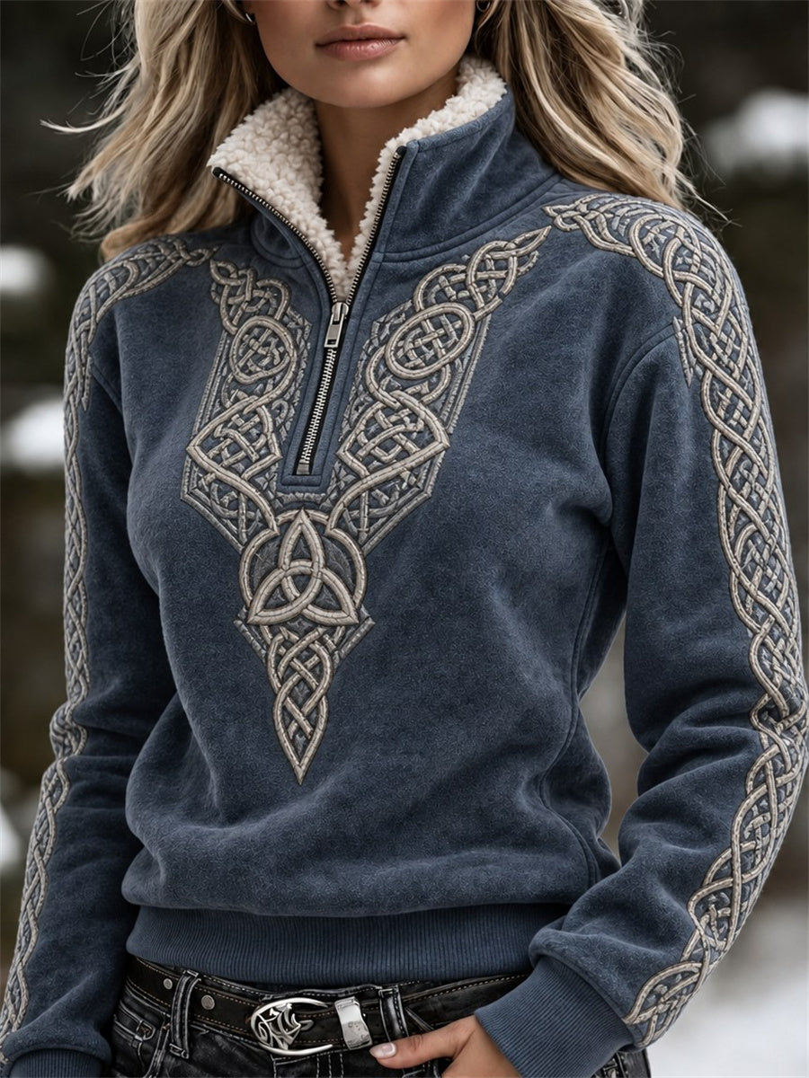 Naisten Vintage Viking Celtic solmu Tulosta Cozy karvakaulus Zip up Pullover
