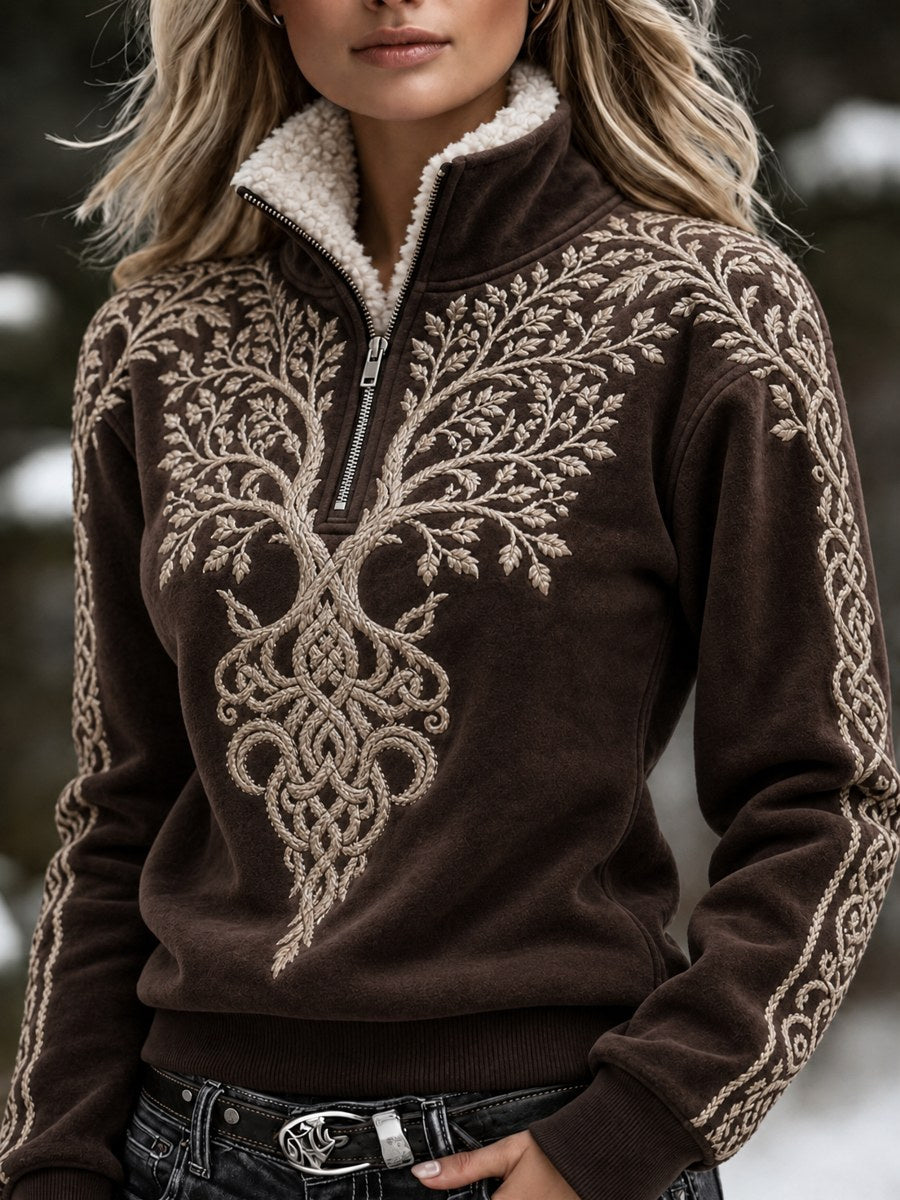 Naisten Vintage Viking puu elämän kelttinen solmu Tulosta Cozy karvakaulus Zip up Pullover