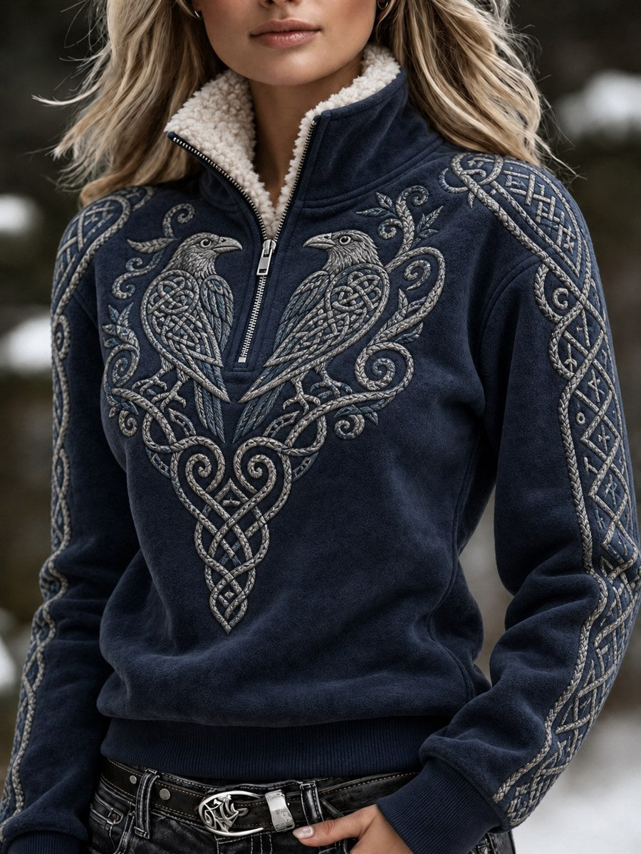 Naisten Vintage Viking Ravens kelttinen solmu Tulosta Viihtyisä karkkikaulus Zip ylös Pulloveri