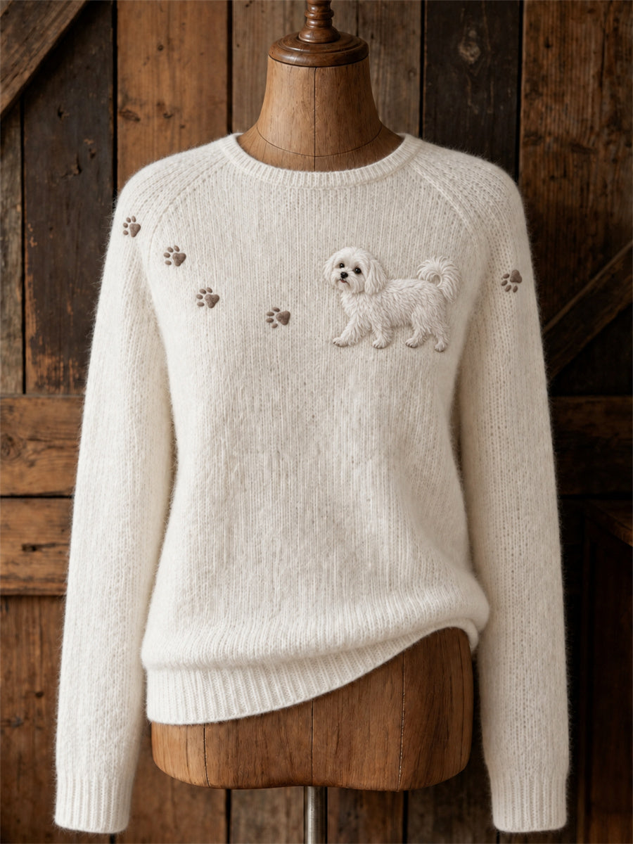 Naisten ihana Maltan koira kävely & Paw Prints Yoke Print miehistö kaula villapaiden