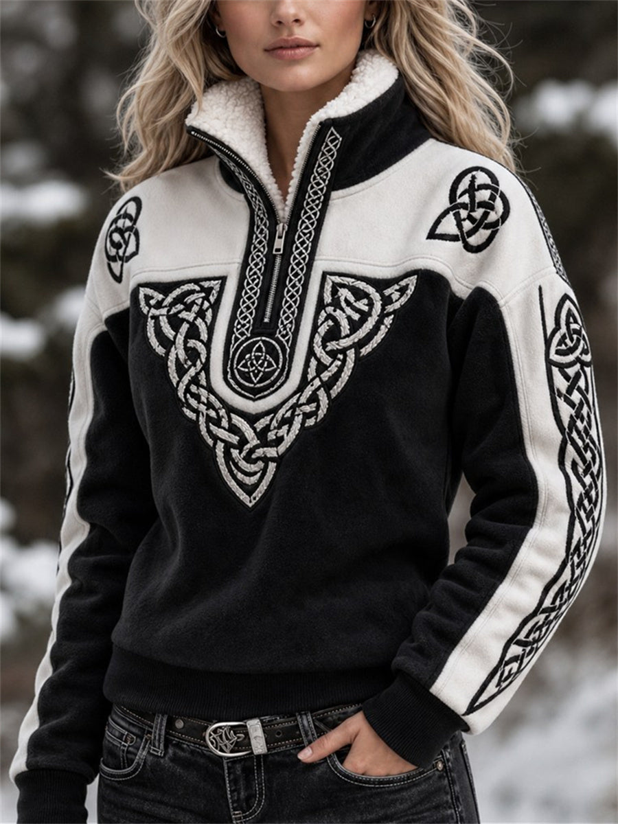 Naisten Vintage Viking Celtic solmu kontrasti Tulosta karkkikaulus Zip ylös Pulloveri