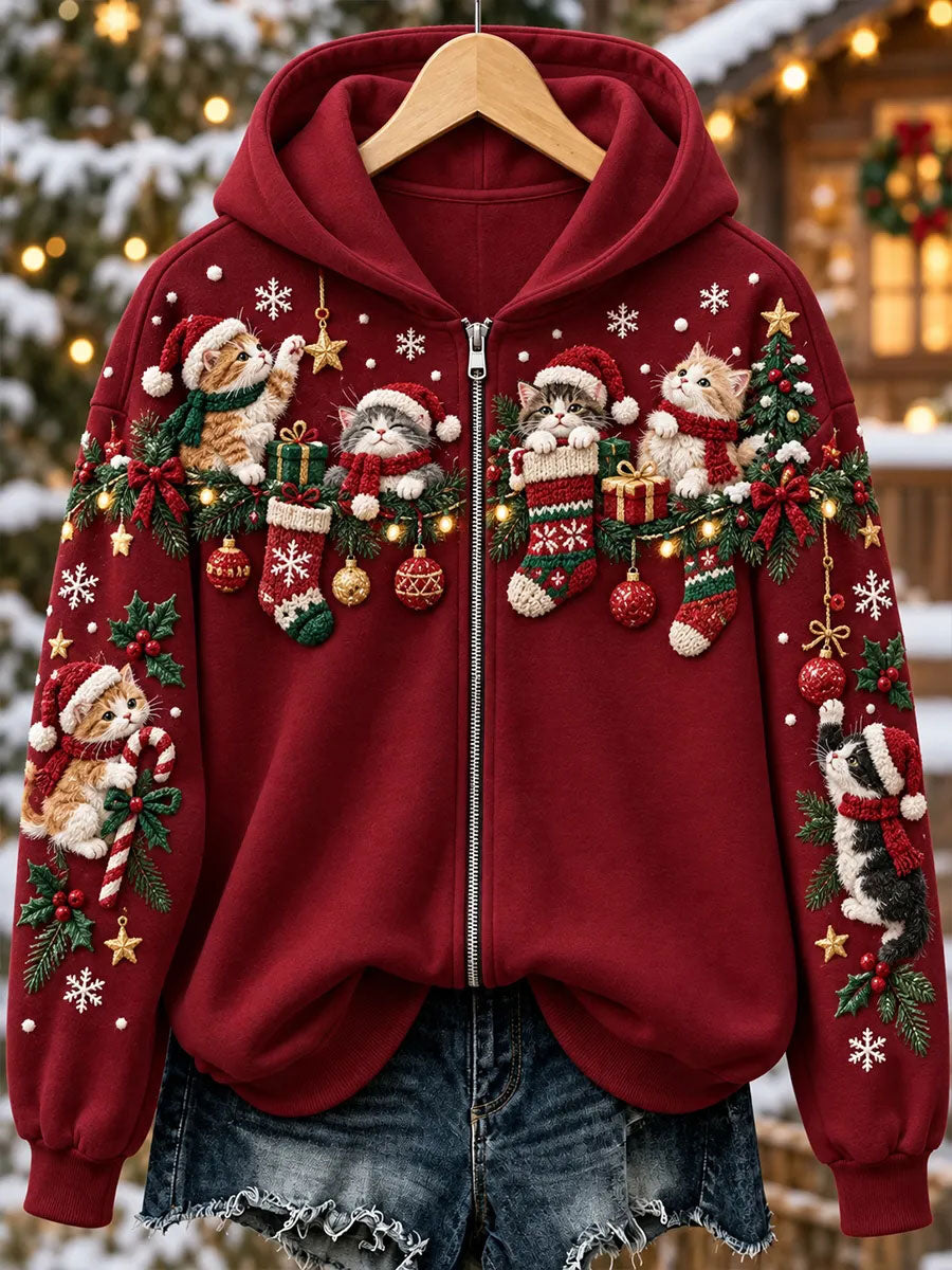 Naisten joulu Cat Print Zip-Up Hoodie.