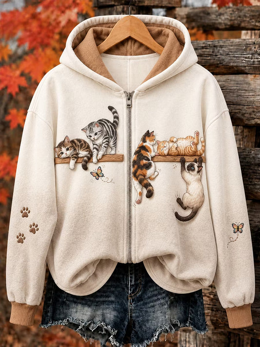 Naisten söpö Cat Art Tulosta Zip-Up Hoodie.