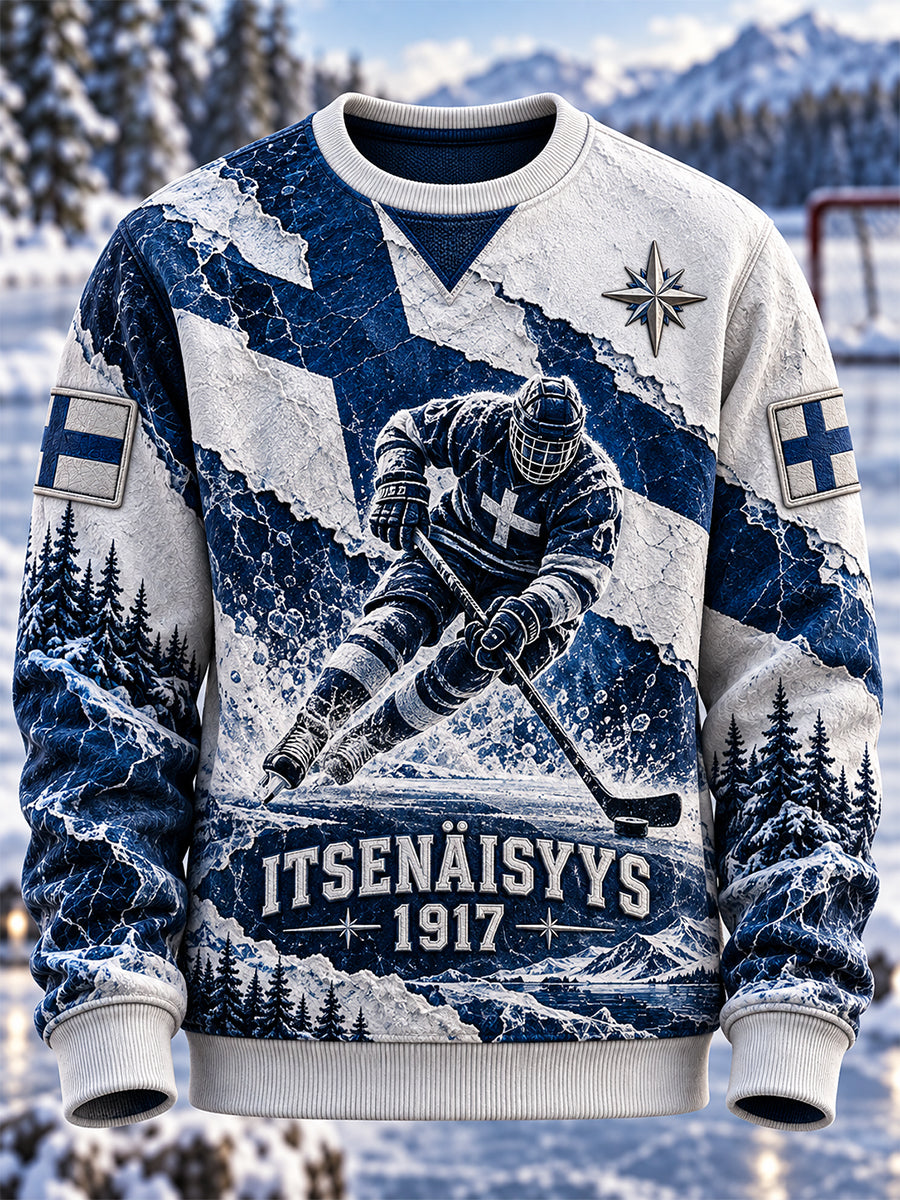 Miesten retro Suomen itsenäisyyspäivän jääkiekkohuppari, pyöreä pääntie
