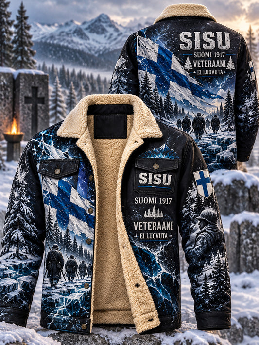 Miesten veteraanien Sisu-muistotakki, graafisella kuvioinnilla ja fleecevuorella