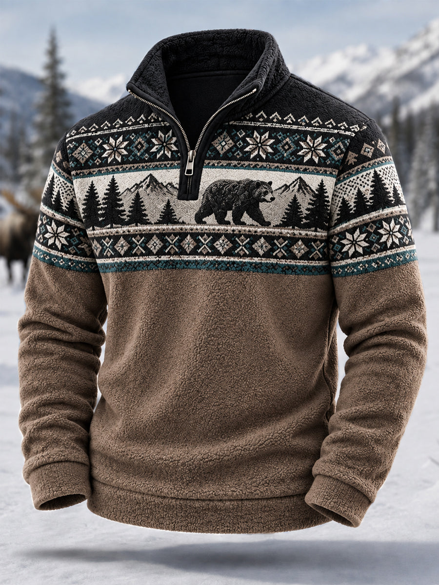 Miesten talvi karhu tulosta Casual vetoketju Flannel Pullover.