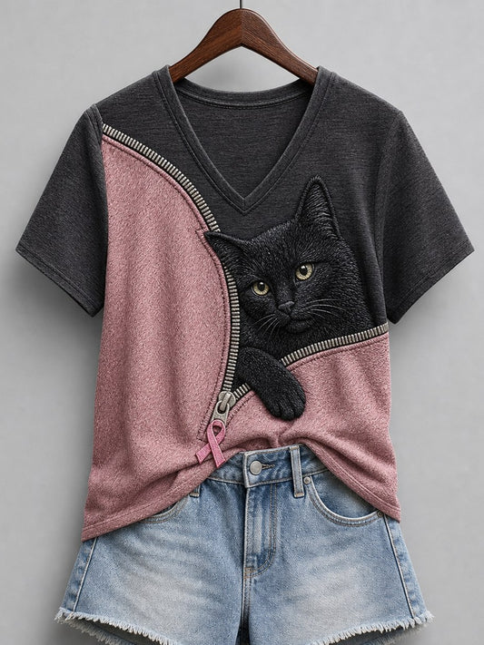 Naisten Peeking Black Cat Pink Ribbon Zipper Contrast Väri Tulosta lyhythiha T-paito