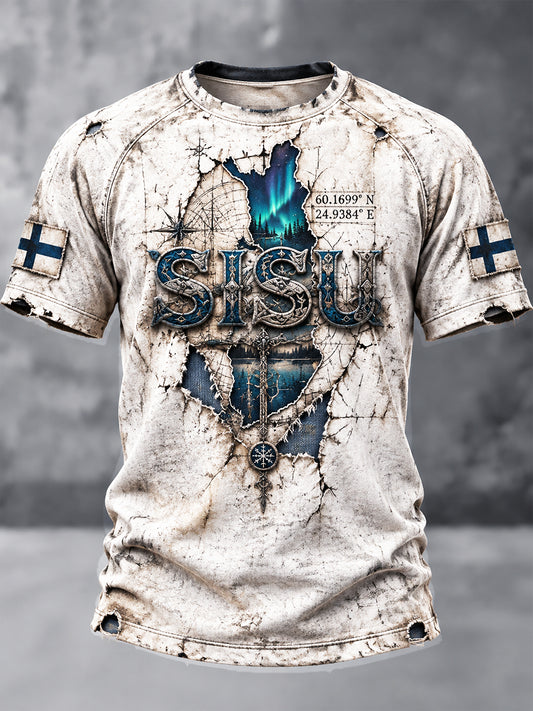 Miesten Retro Valkoinen suomalainen SISU Spirit Casual Cool T-paito