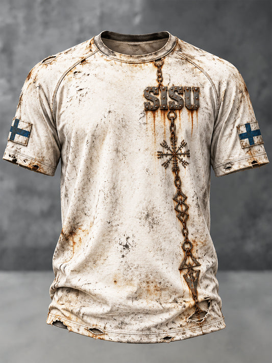 Miesten Vintage Valkoinen Suomalainen SISU Spirit Casual T-paito