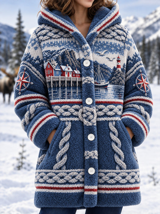 Naisten Retro Pohjoismainen rannikko-inspiroitu Flannel Hooded takti