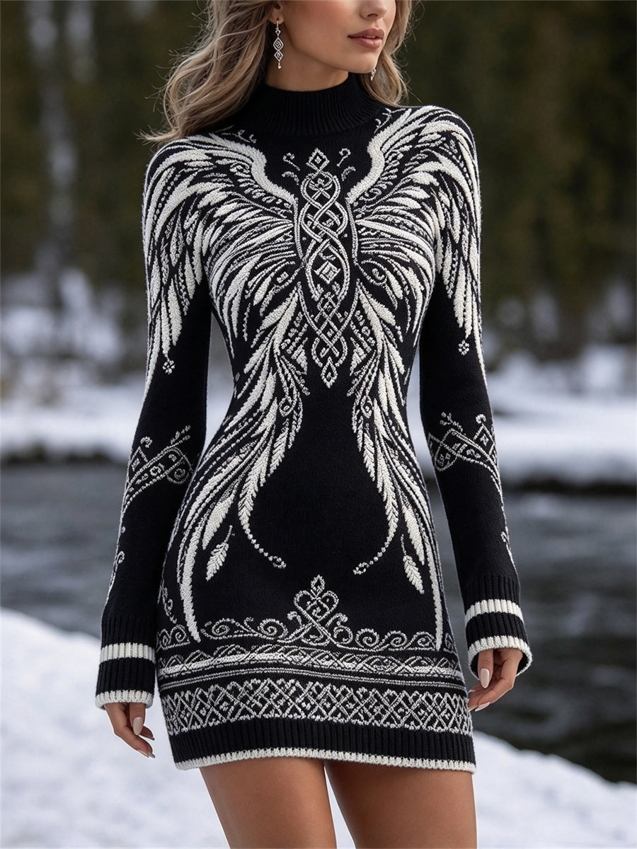Naisten Viking Wings kelttinen solmu Tulosta Mock kaula Sweater Mini mekko