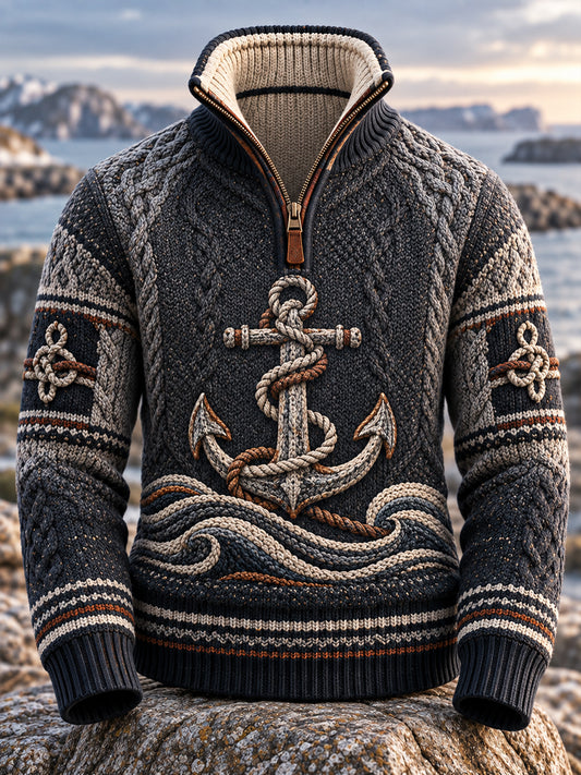 Retro Nordic Coastal Culture Anchor-Print Taiteellinen Zipper Sweatshirt