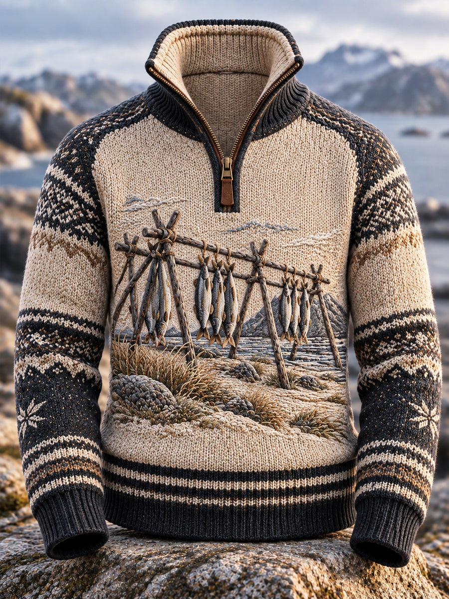 Retro Pohjoismainen rannikkokulttuuri Kalataide Zip-Up Sweatshirt