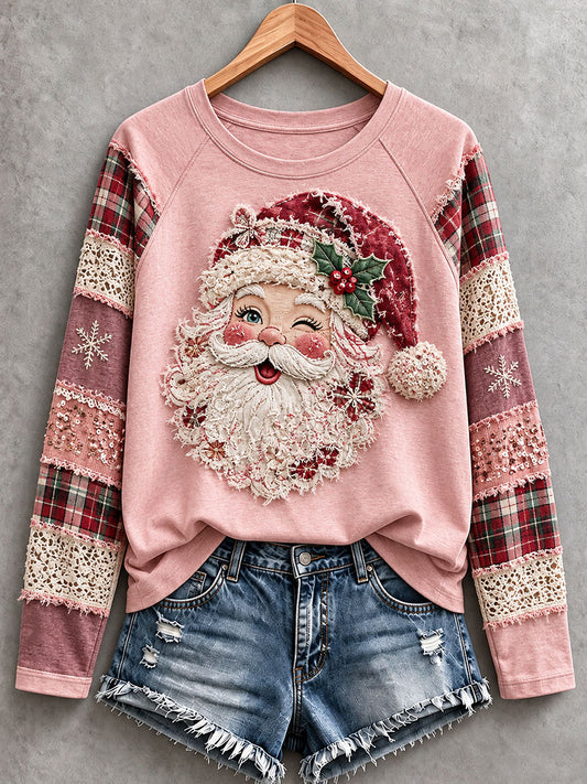 Naisten vaaleanpunainen Santa Patchwork Art pitkähiha T-paita
