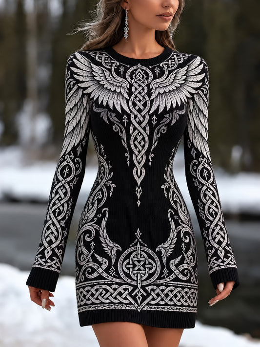 Naisten etro Viking Wings ja kelttinen solmu Print Casual pyöreä kaula Sweater-Tyyli meko