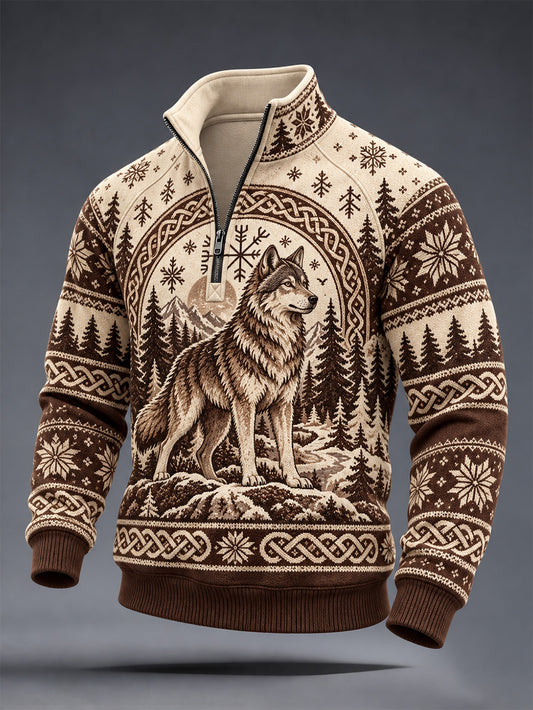 Miesten retro Viking-tyylinen susi-kuvio rento puoli-zip-paitaan
