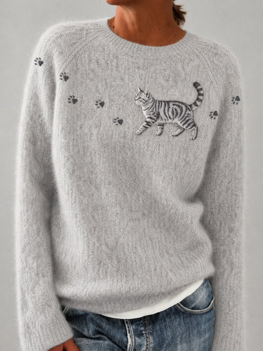 Naisten fuzzy Hopea Tabby Cat & Puw Tulosta Yoke miehistön kaula villapaiden
