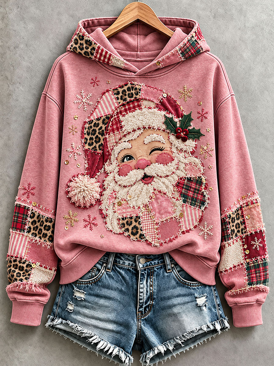 Naisten vaaleanpunainen Santa Patchwork Art Hoodie