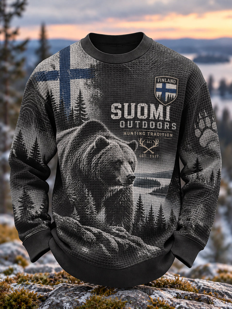 Miesten pitkähiha-vohveli-knit Sweatshirt metsästys-teema grafiikka tulosta