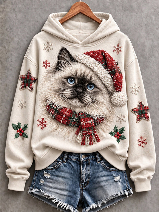 Naisten Vintage Söpö joulu Cat Print Cozy Huppari
