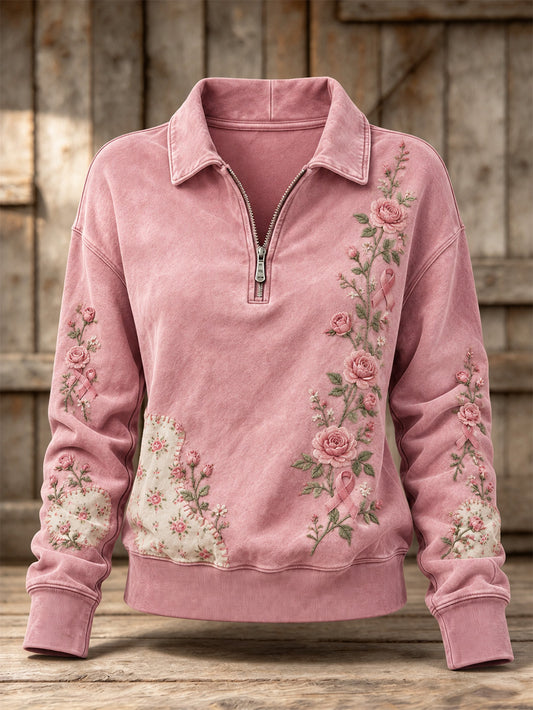 Naisten vaaleanpunainen ruusu ja vaaleanpunainen hyväntekeväisyys Ribbon kuvio Casual Half-zip Hoodie.