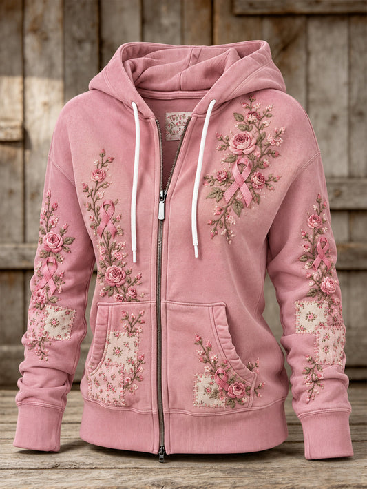 Naisten vaaleanpunainen ruusu ja vaaleanpunainen hyväntekeväisyys Ribbon kuvio Casual Zip-Up Hoodie kuvio
