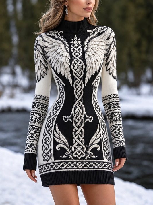 Naisten luokan Viking Wings Kelttinen solmu Conrast Tulosta Mock kaula Sweater meko