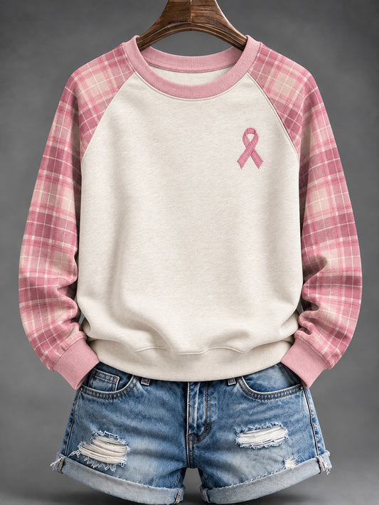 Naisten vaaleanpunainen checkered ja vaaleanpunainen hyväntekeväisyys Ribbon kuvio Casual Raglan hiha Sweatshirt