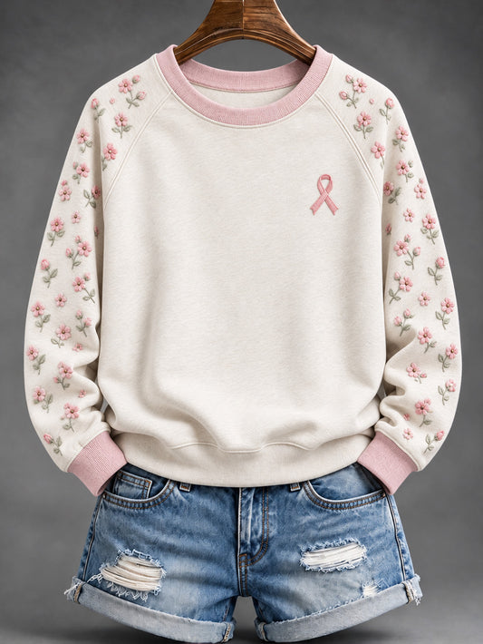 Naisten vaaleanpunainen kukka ja vaaleanpunainen hyväntekeväisyys Ribbon kuvio Casual Raglan hiha Sweatshirt