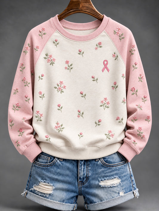 Naisten vaaleanpunainen ruusu ja vaaleanpunainen hyväntekeväisyys Ribbon kuvio Casual Raglan hiha Sweatshirt