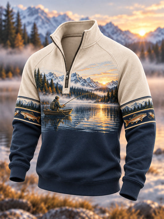 Miesten Vintage Erämaa kalastus tulosta Zip-Up Hoodie Print