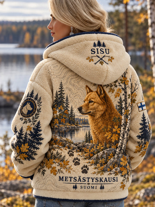 Naisten veteraanien metsästysteemainen graafinen flanellinen hupparitakki "Sisu"