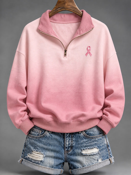Naisten vaaleanpunainen hyväntekeväisyysnauha malli Gradient Design Casual Half-Zip Sweatshirt
