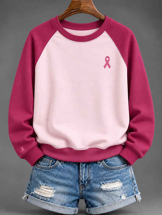 Naisten vaaleanpunainen hyväntekeväisyys Ribbon kuvio Casual Raglan hiha Sweatshirt