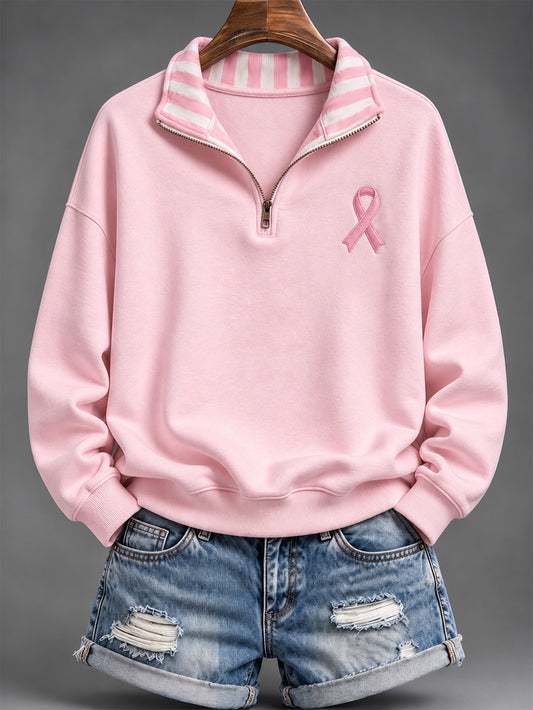 Naisten vaaleanpunainen hyväntekeväisyys Ribbon kuvio raidallinen design Casual Half-Zip Sweatshirt