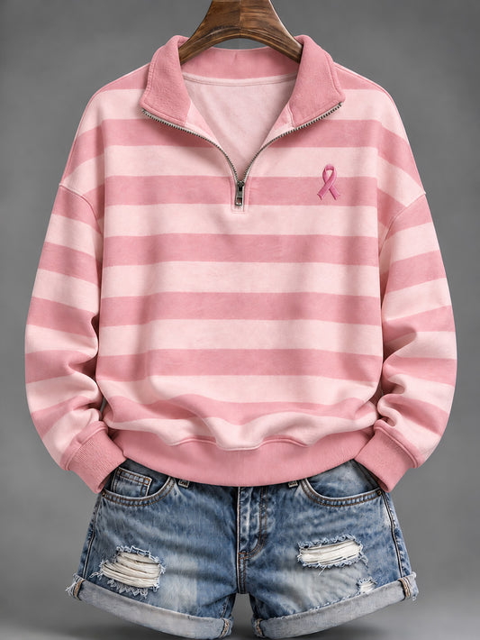 Naisten vaaleanpunainen raidallinen ja vaaleanpunainen hyväntekeväisyys Ribbon kuvio Casual Half-Zip Sweatshirt