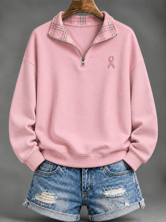 Naisten vaaleanpunainen checkered ja vaaleanpunainen hyväntekeväisyys Ribbon kuvio Casual Half-Zip Sweatshirt
