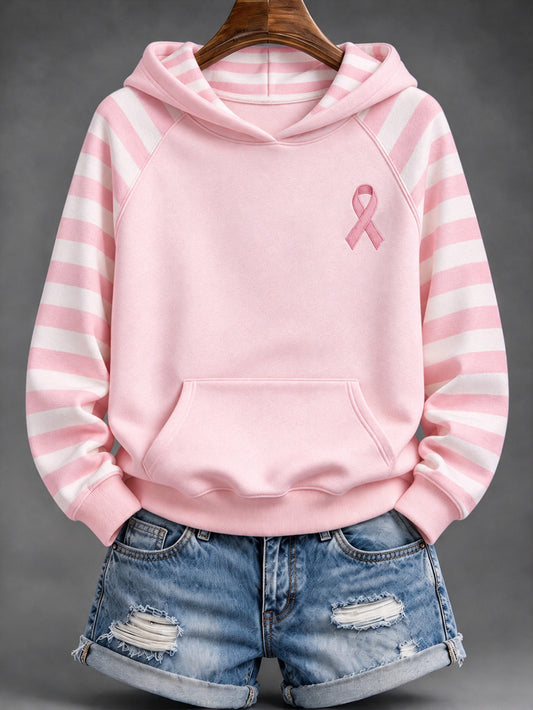 Naisten vaaleanpunainen hyväntekeväisyys Ribbon kuvio raidallinen suunnittelu Casual Hoodie.