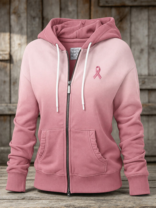 Naisten vaaleanpunainen hyväntekeväisyysnauha malli Gradient Design Casual Zip-Up Hoodie.
